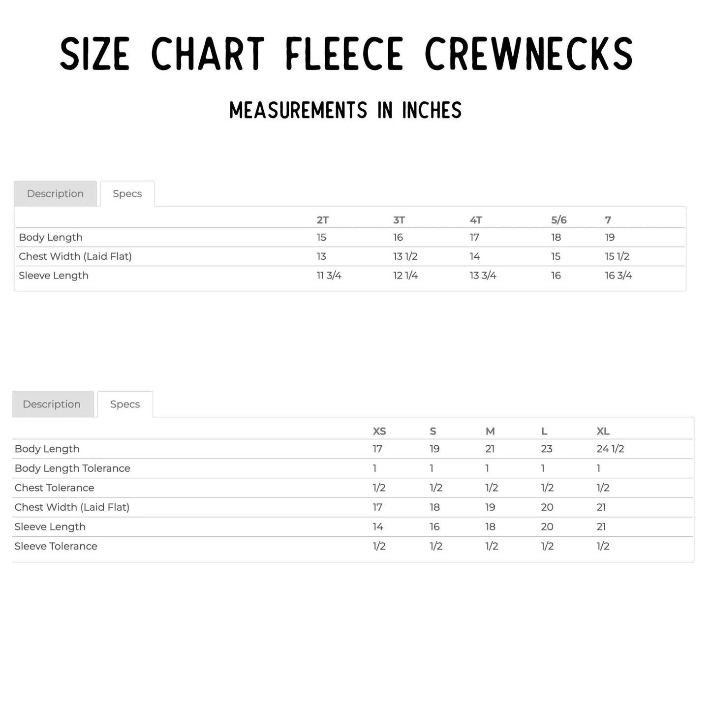 Kids fleece crewneck sweatshirt from The Wishing Elephant's Hug More Worry Less collection, featuring size chart details and soft fabric.