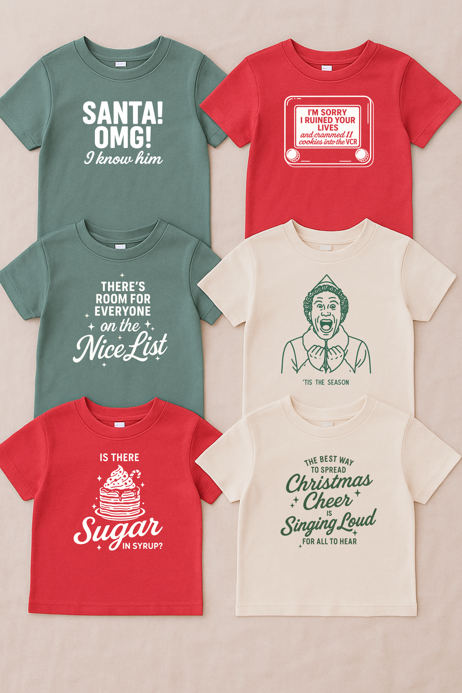Collection of Christmas-themed t-shirts with various sayings on a beige background