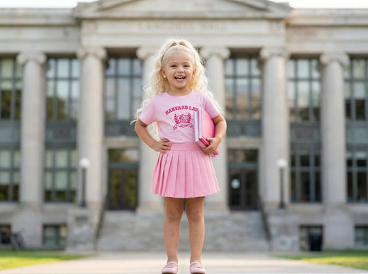 Child in pink Harvard Law shirt and skirt standing in front of a building