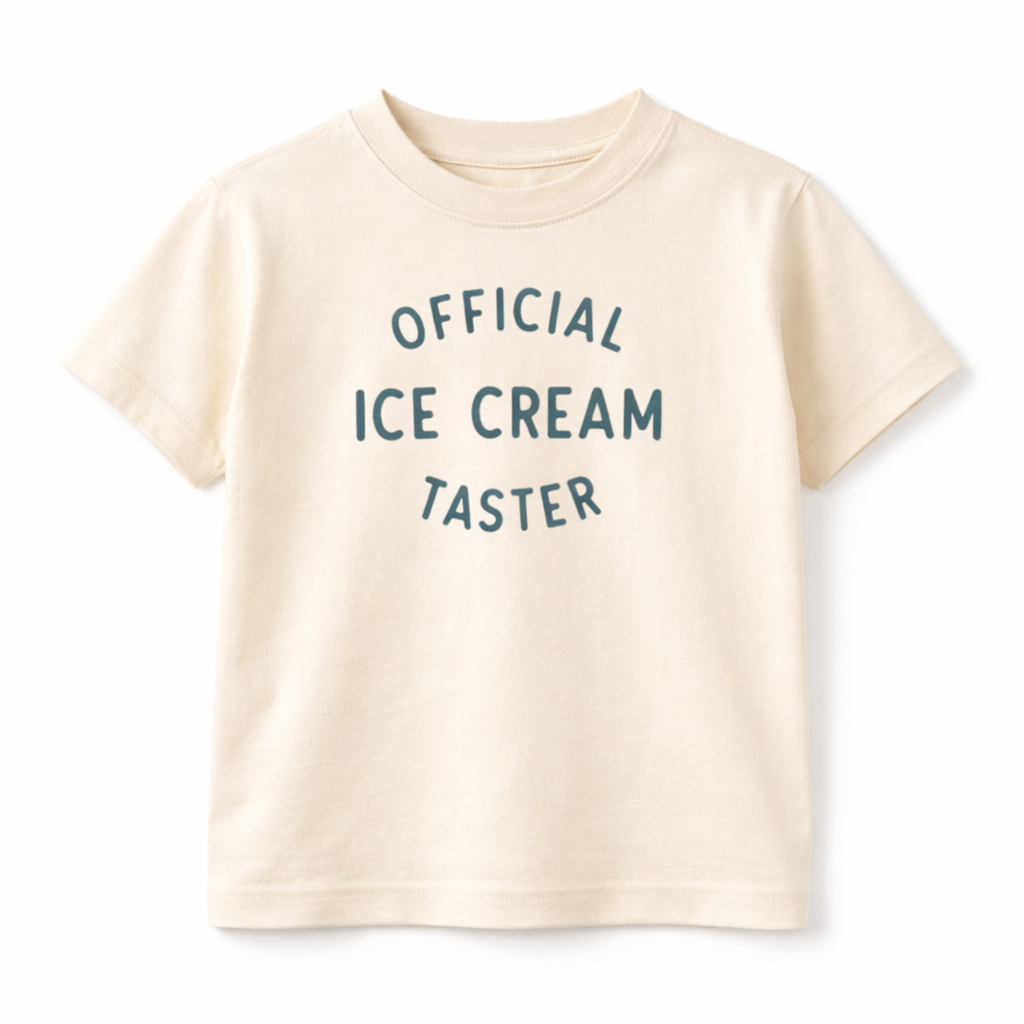 Beige t-shirt with 'Official Ice Cream Taster' text on a white background