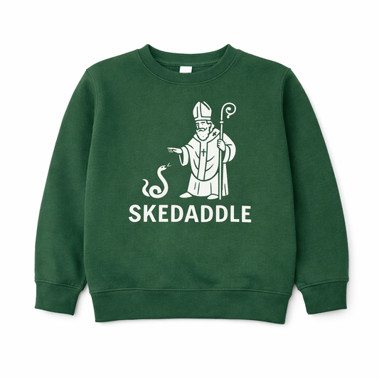 Green sweatshirt with a graphic of a figure and 'SKEDADDLE' text on a white background