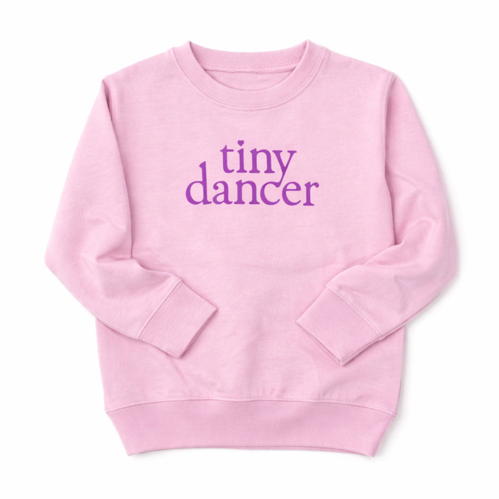 pink dancer sweatshirt for girls purple text with heart ballerina cover