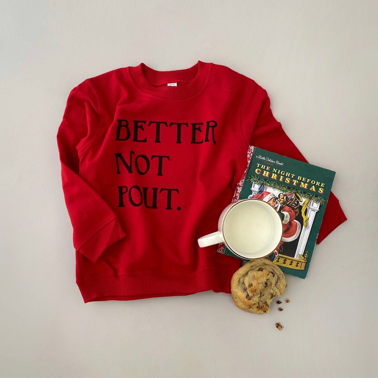 Christmas Red Better Not Pout Crewneck, red & black Christmas Red Better Not Pout Crewneck, red & black The Wishing Elephant tee The Wishing Elephant