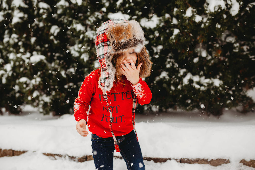Christmas Red Better Not Pout Crewneck, red & black Christmas Red Better Not Pout Crewneck, red & black The Wishing Elephant tee The Wishing Elephant