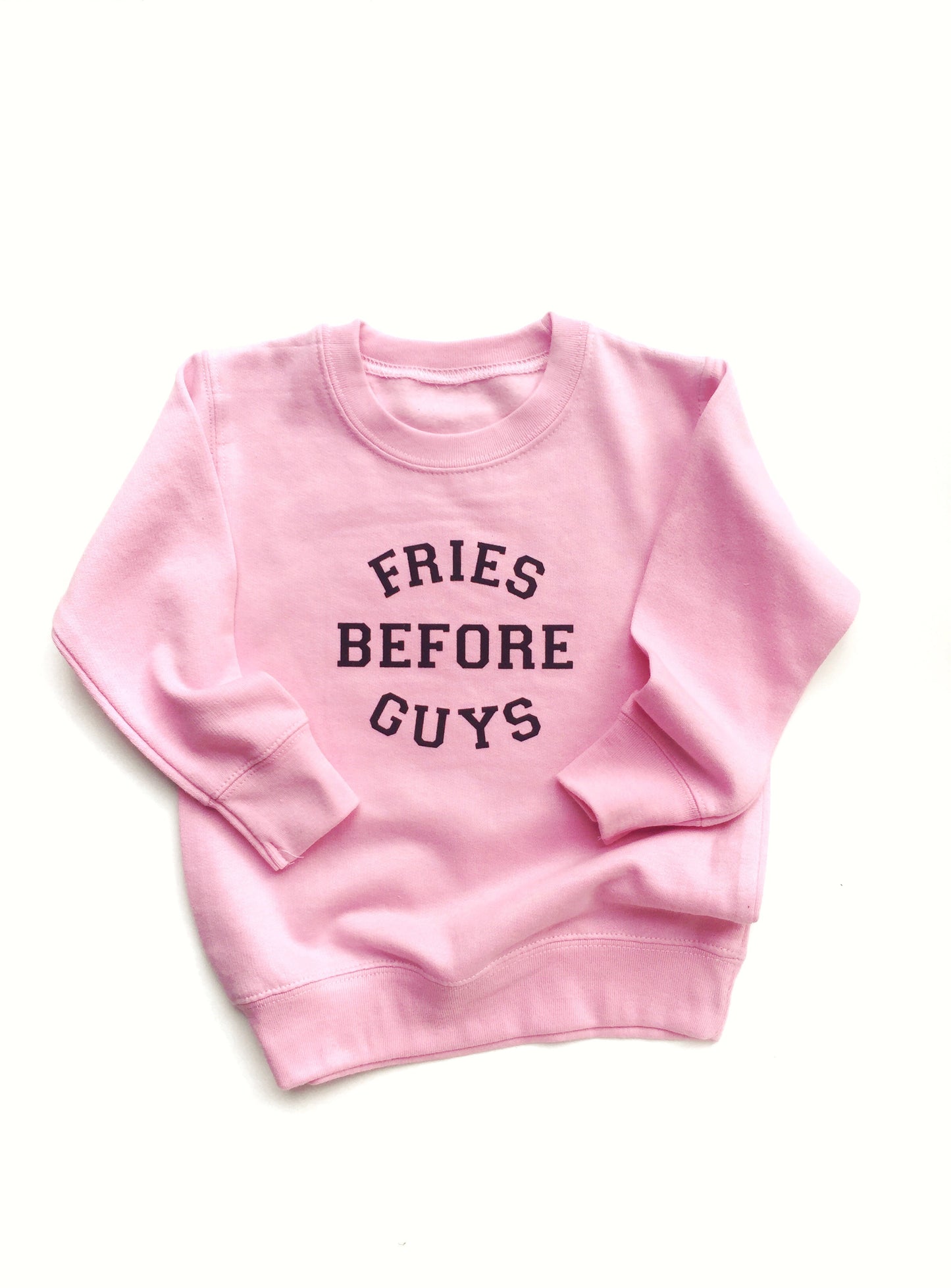 flat lay of fries before guys sweatshirt on white background