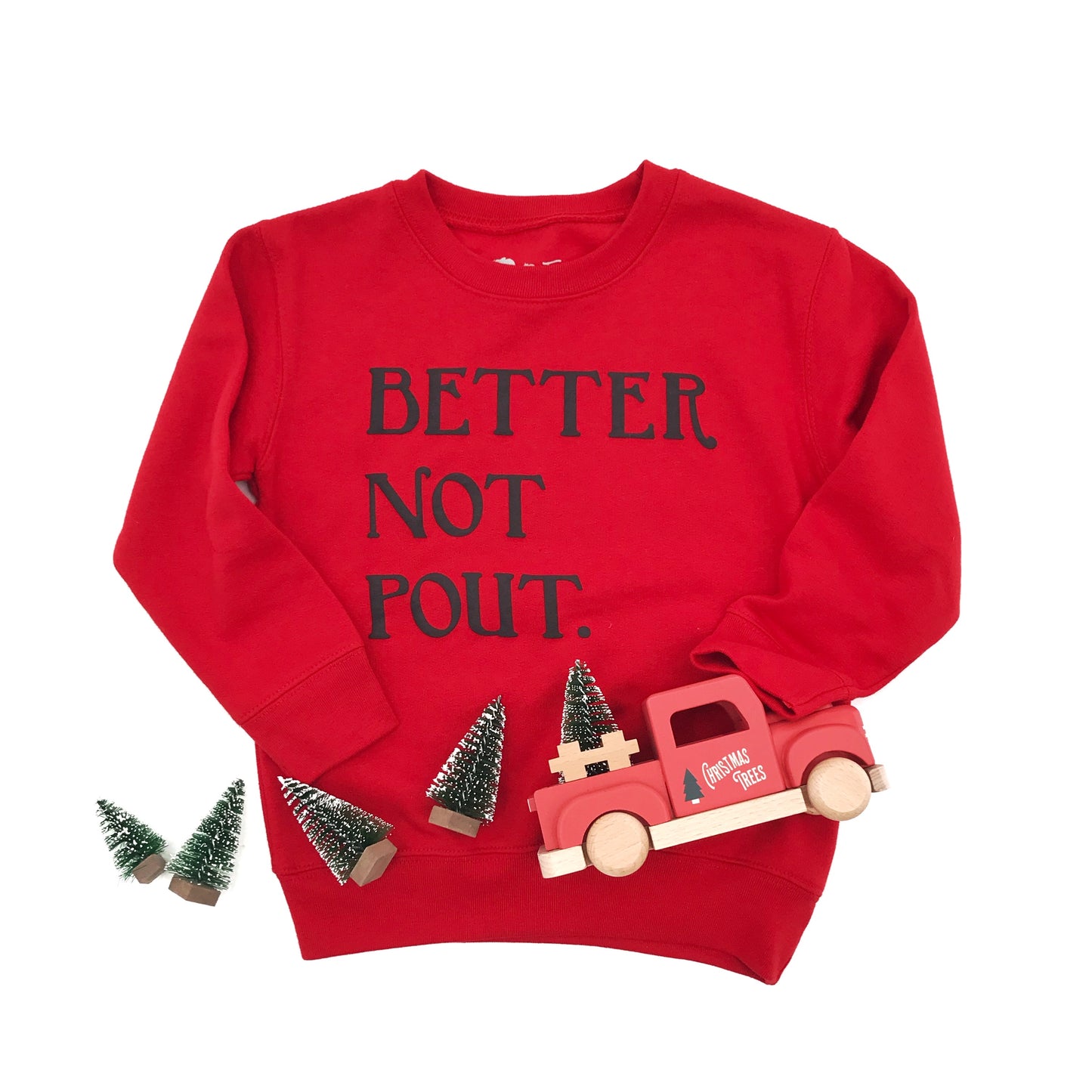 Christmas Red Better Not Pout Crewneck, red & black Christmas Red Better Not Pout Crewneck, red & black The Wishing Elephant tee The Wishing Elephant