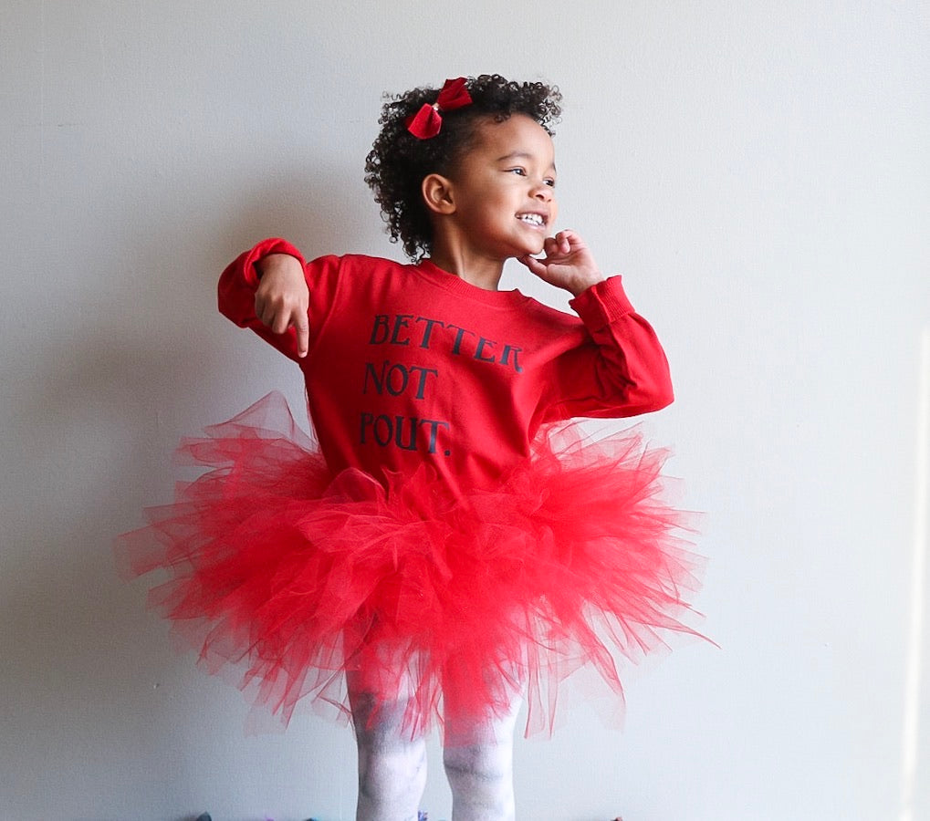 Christmas Red Better Not Pout Crewneck, red & black Christmas Red Better Not Pout Crewneck, red & black The Wishing Elephant tee The Wishing Elephant