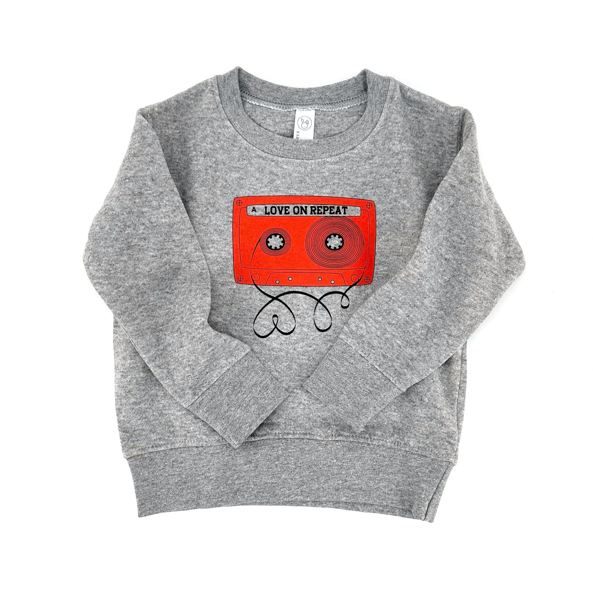 Love On Repeat Sweatshirt, Kids Valentines Day Shirt, Retro Cassette Tape - The Wishing Elephant