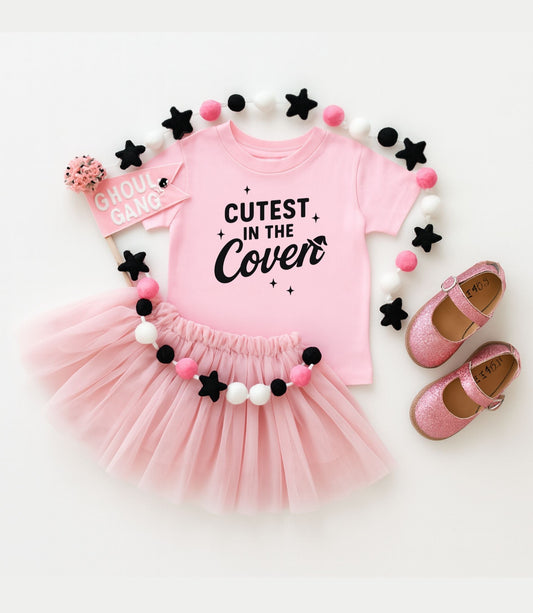 Cutest In the Coven Tee, Girls Witch Shirt, Halloween Tshirt for kids, Toddler halloween, Pink and black, witch hat, halloween shirt - The Wishing Elephant