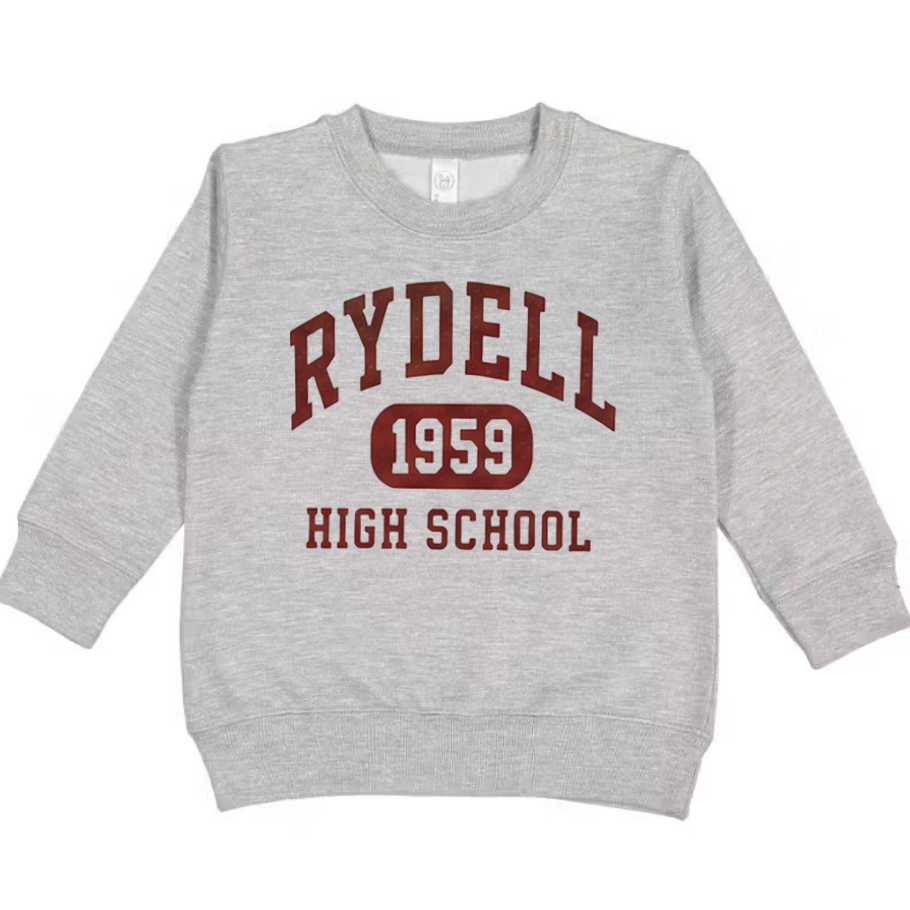 A light heather gray long-sleeve sweatshirt with a maroon graphic print on the front reading 'RYDELL 1959 HIGH SCHOOL'.