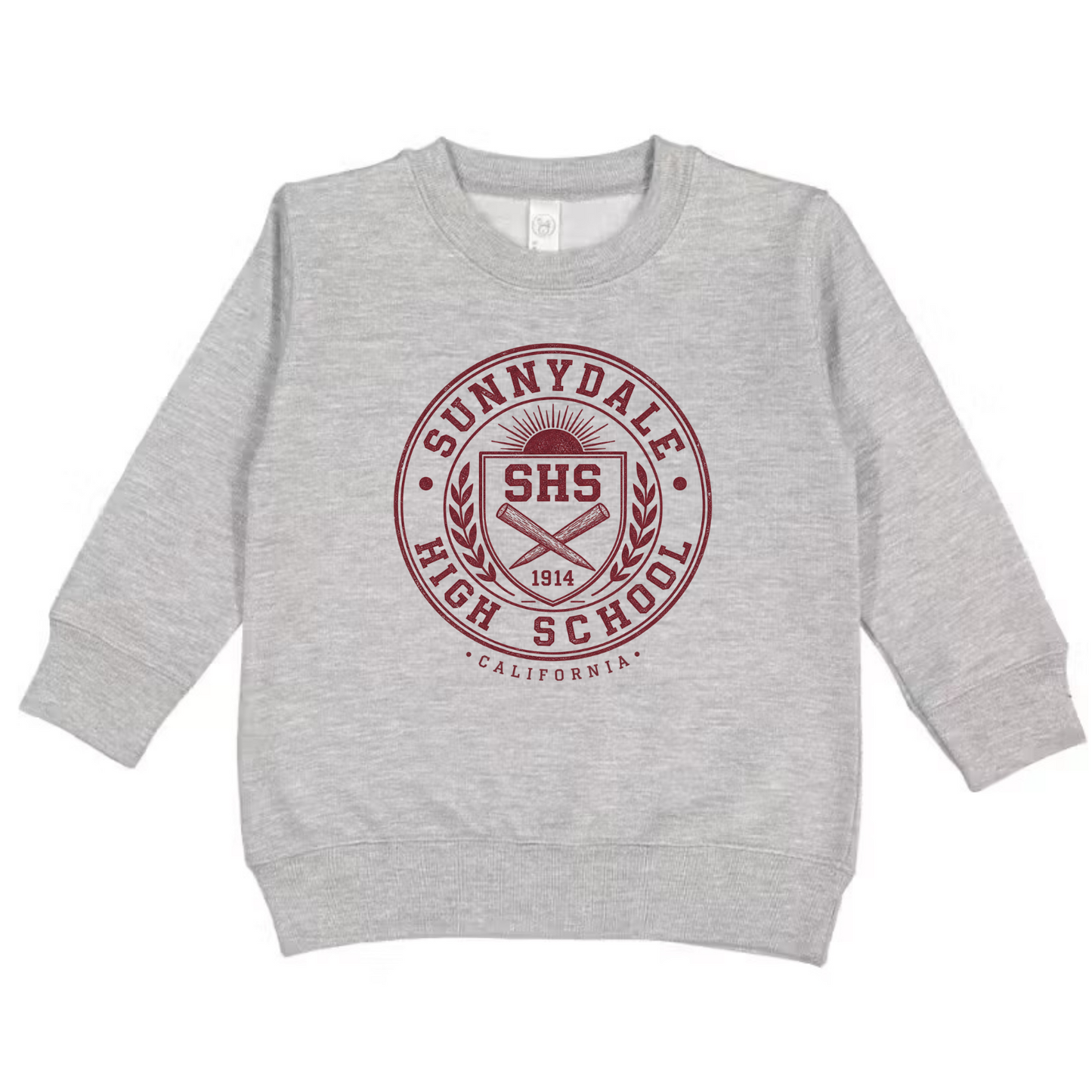 A light heather gray long-sleeve crewneck sweatshirt featuring a maroon circular graphic on the chest that reads 'SUNNYDALE HIGH SCHOOL' with 'SHS' in the center.