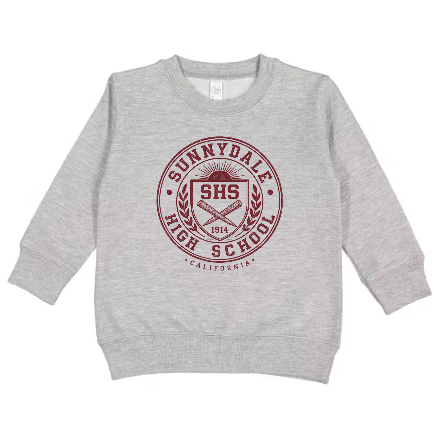 A light heather gray long-sleeve crewneck sweatshirt featuring a maroon circular graphic on the chest that reads 'SUNNYDALE HIGH SCHOOL' with 'SHS' in the center.