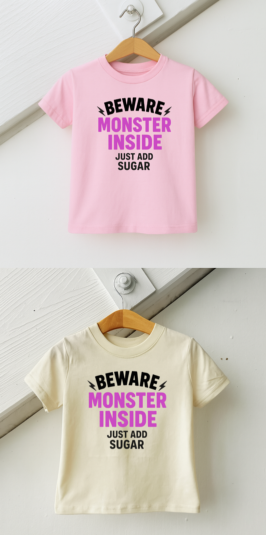 Pink and beige t-shirts with humorous text design on hangers against a white background. halloween tee shirt for girls beware monsters inside just add sugar
