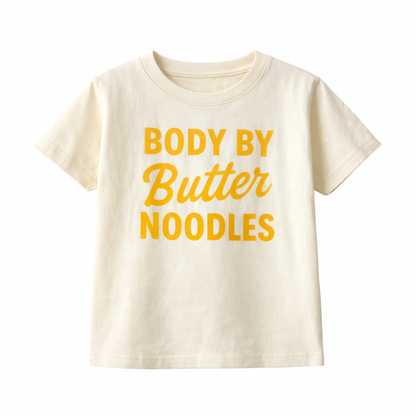 Beige t-shirt with 'BODY BY Butter NOODLES' text in yellow on a white background