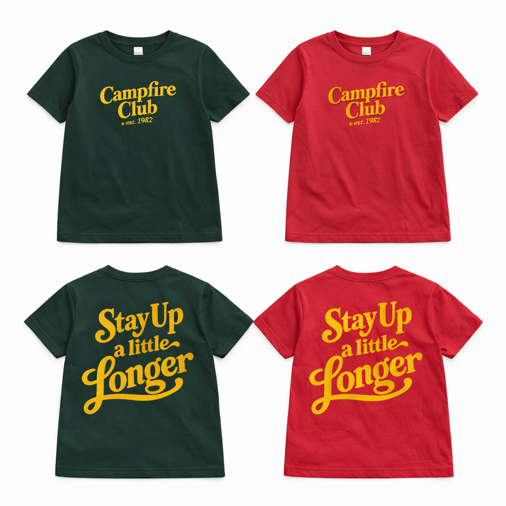 Kids' graphic T-shirt from The Wishing Elephant featuring a summer campfire club design, perfect for kids' summer wear.