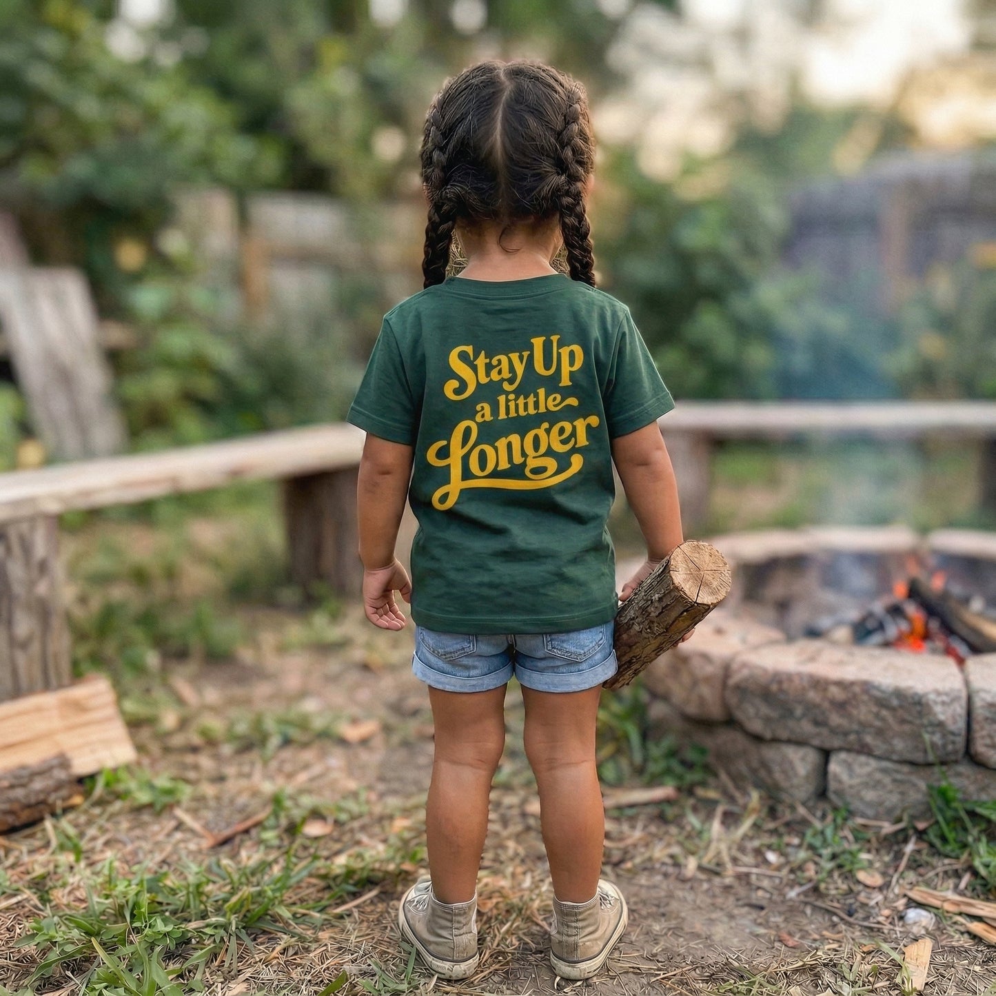 Kids' graphic T-shirt from The Wishing Elephant featuring a fun campfire club design, perfect for summer wear.