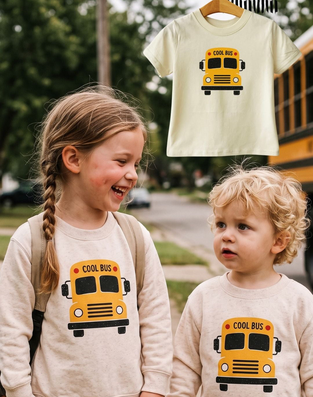 Two children wearing cream sweatshirts with a yellow school bus graphic, alongside a floating inset of a cream T-shirt with the same bus graphic on a hanger. Text at the bottom reads 'AND THEIR COOL MOMS.