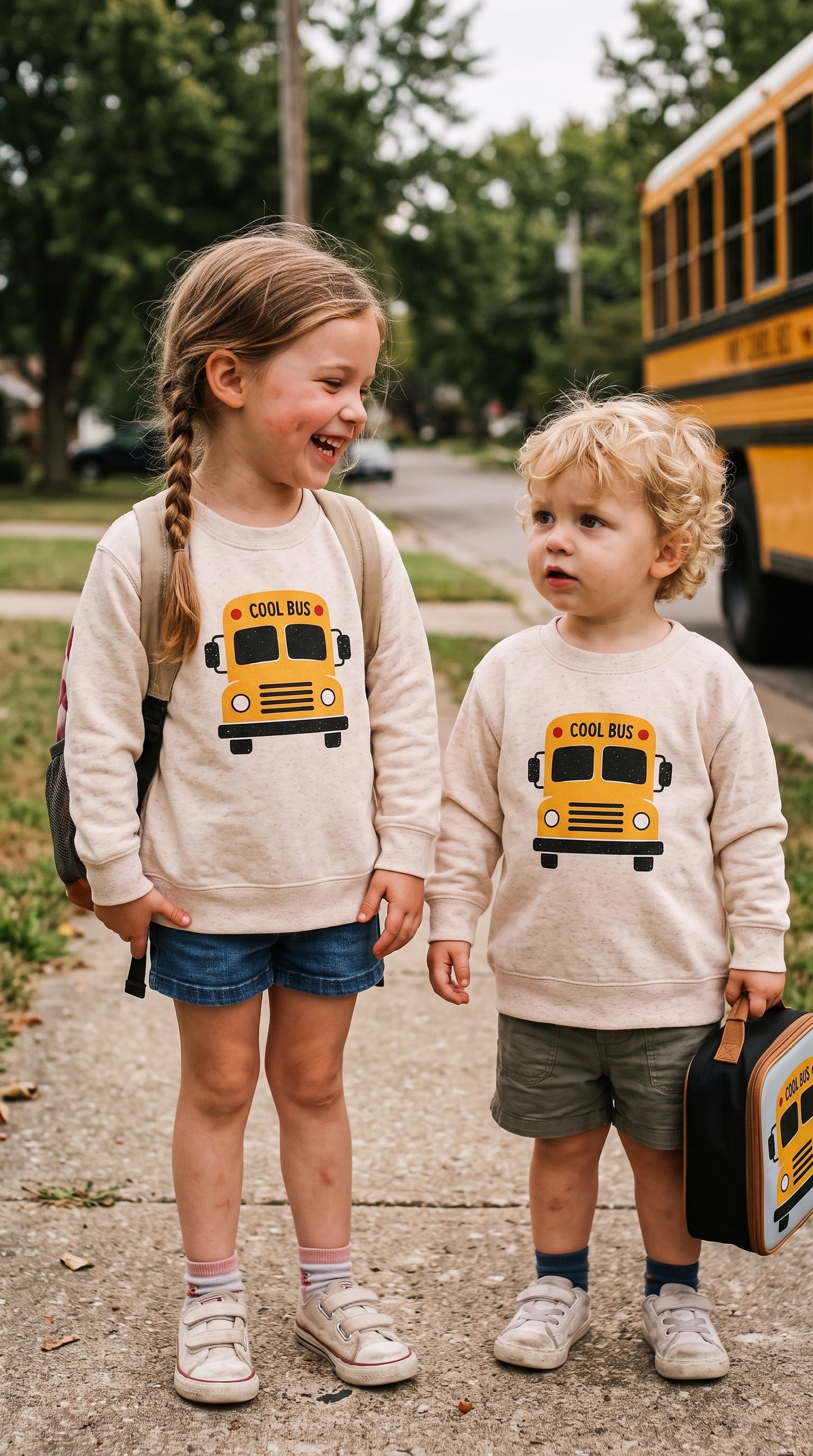 Two children standing outdoors on a sidewalk next to a yellow school bus, wearing matching cream sweatshirts with a yellow school bus graphic on the front.