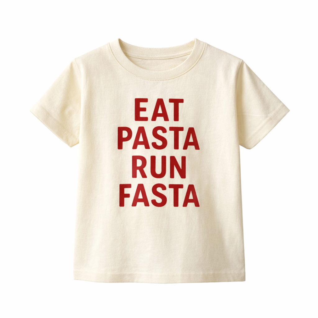 Beige t-shirt with red text 'EAT PASTA RUN FASTA' on a white background