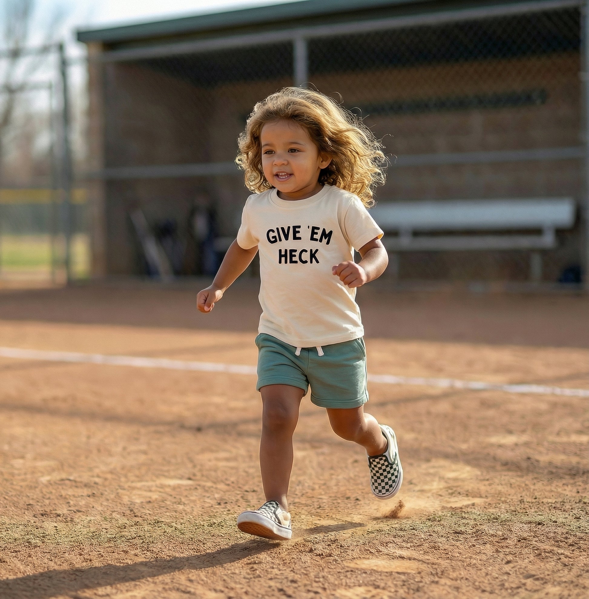 Child running on a baseball field wearing a 'GIVE EM HECK' shirt. 