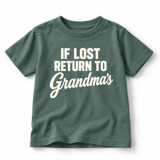 Kids graphic T-shirt by The Wishing Elephant with "If Found, Return to Grandma" printed design on soft fabric.