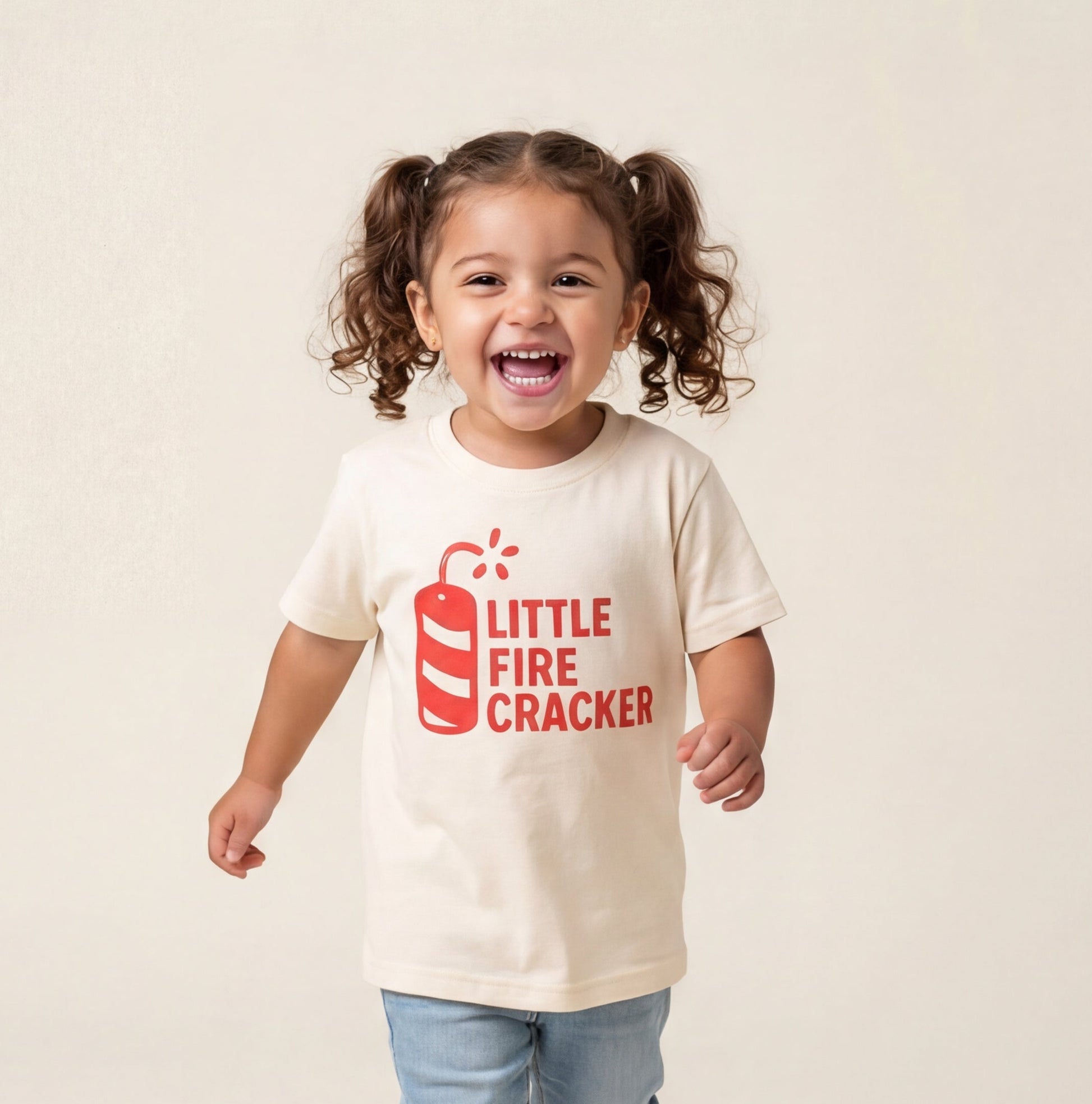 Child wearing a 'Little Fire Cracker' t-shirt on a plain background