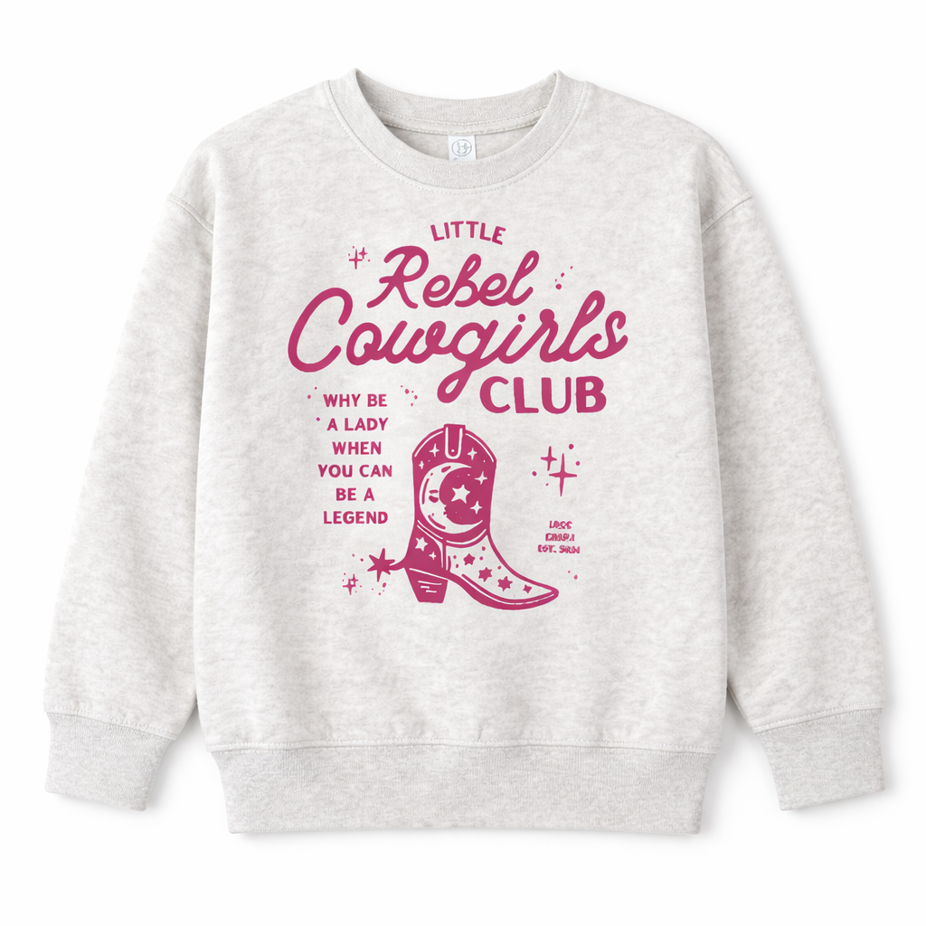 Gray sweatshirt with pink 'Little Rebel Cowgirls Club' text and graphics on a white background