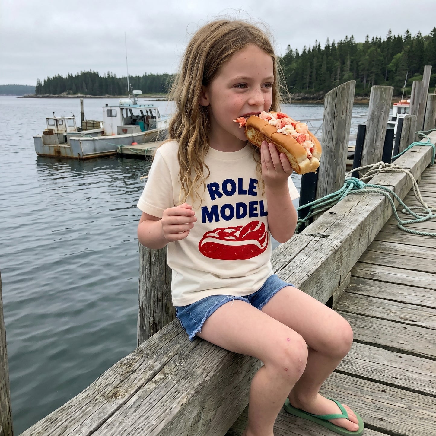 Kids graphic T-shirt featuring a lobster roll design from The Wishing Elephant, perfect for summer Maine style.