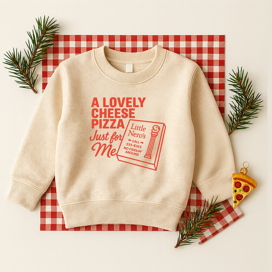 Beige sweatshirt with red text on a red and white checkered background a lovely cheese pizza just for me home alone kids kids sweatshirt
