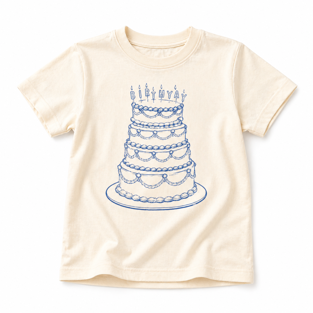 Kids graphic T-shirt from The Wishing Elephant with a natural blue birthday design for kids.