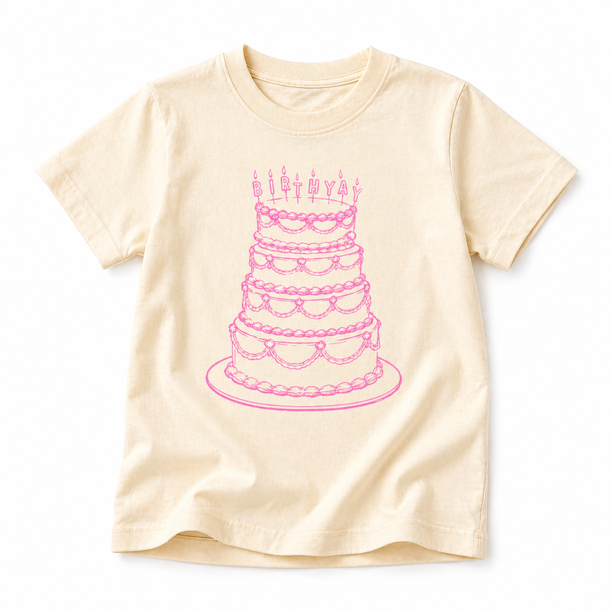 Pink kids' birthday shirt from The Wishing Elephant featuring colorful birthday-themed graphic print for girls.