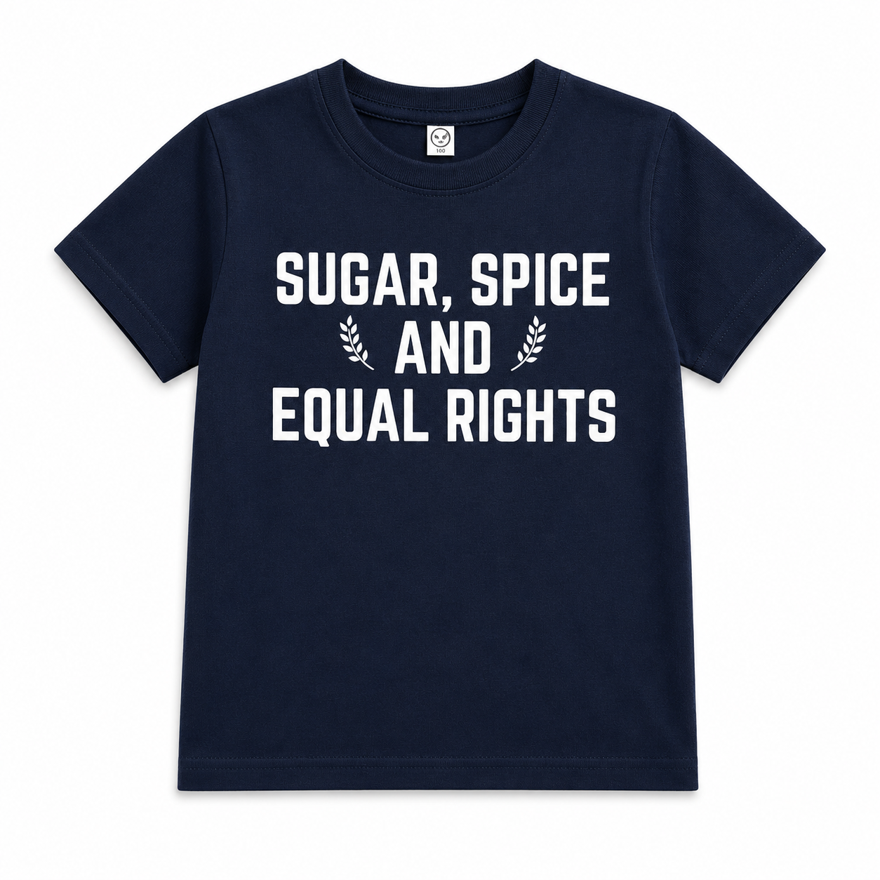 Navy kids' graphic T-shirt by The Wishing Elephant featuring Sugar, Spice, and Equal Rights design with colorful text and playful style.