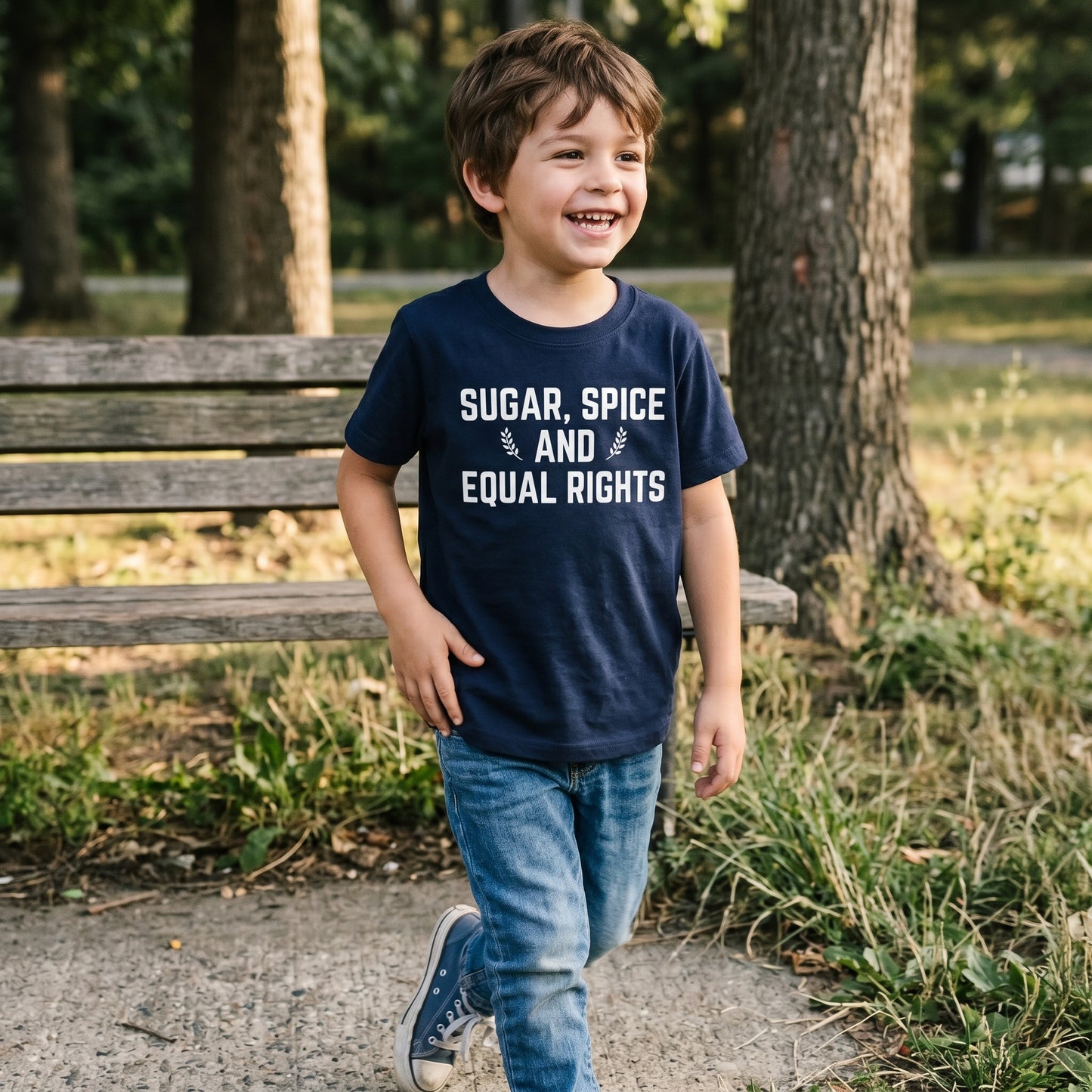 Navy kids' graphic T-shirt from The Wishing Elephant featuring Sugar, Spice, and Equal Rights design.