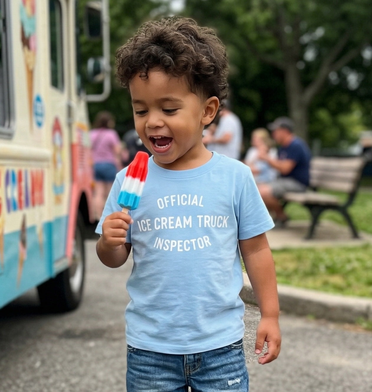 Kids Ice Cream Truck Inspector T-shirt by The Wishing Elephant featuring a fun summer graphic for children.