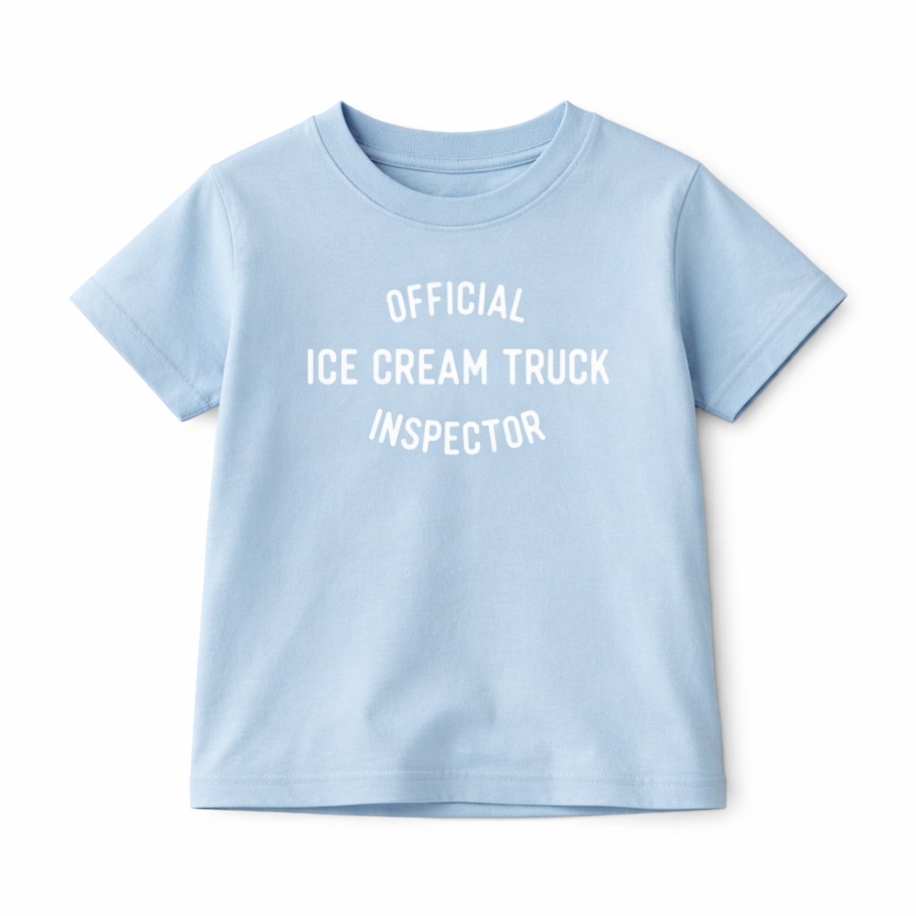 Kids graphic T-shirt by The Wishing Elephant featuring a fun ice cream truck inspector design for summer wear.