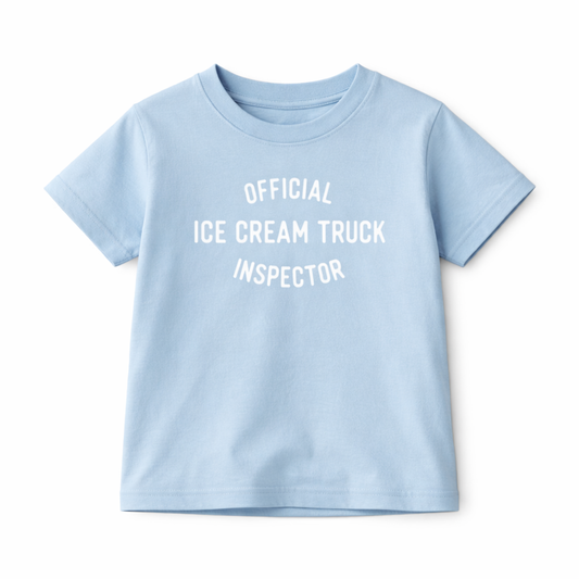 Kids graphic T-shirt by The Wishing Elephant featuring a fun ice cream truck inspector design for summer wear.