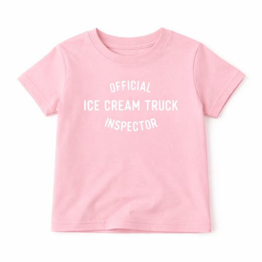 Pink kids' graphic T-shirt featuring an ice cream truck design, perfect for summer, by The Wishing Elephant.