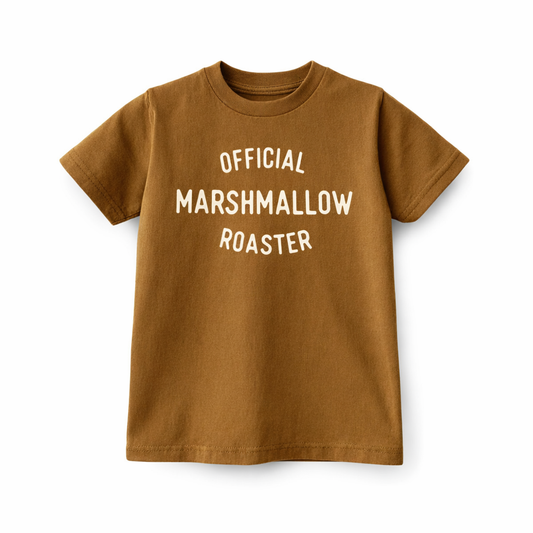 Kids graphic T-shirt featuring a marshmallow roaster design, from The Wishing Elephant, ideal for camping and outdoor adventures.