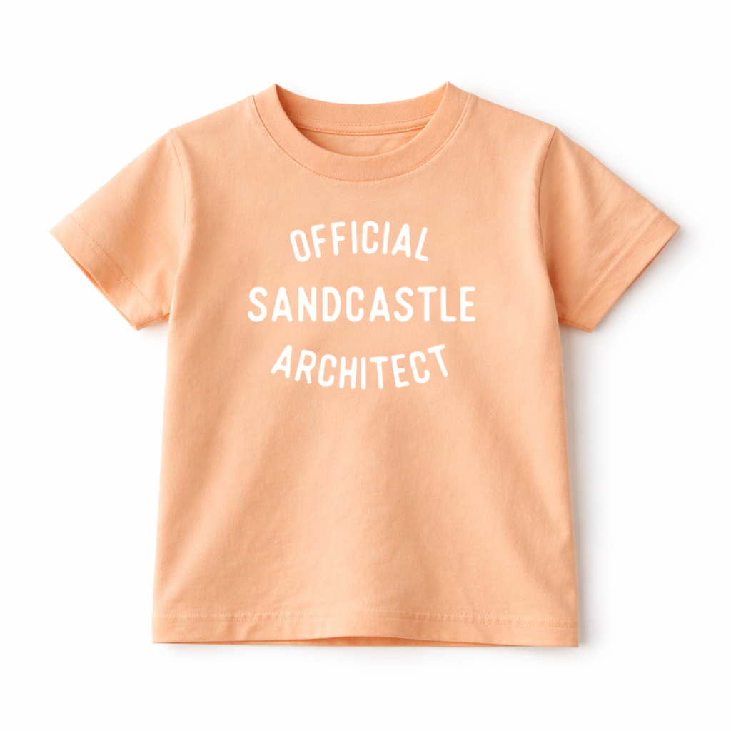 Kids graphic T-shirt featuring a fun sandcastle architect design from The Wishing Elephant, perfect for summer beach outings.