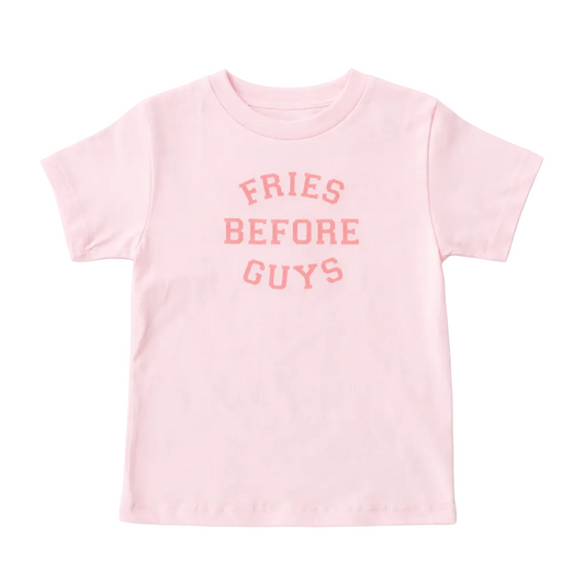 Pink t-shirt with 'FRIES BEFORE GUYS' text on a white background