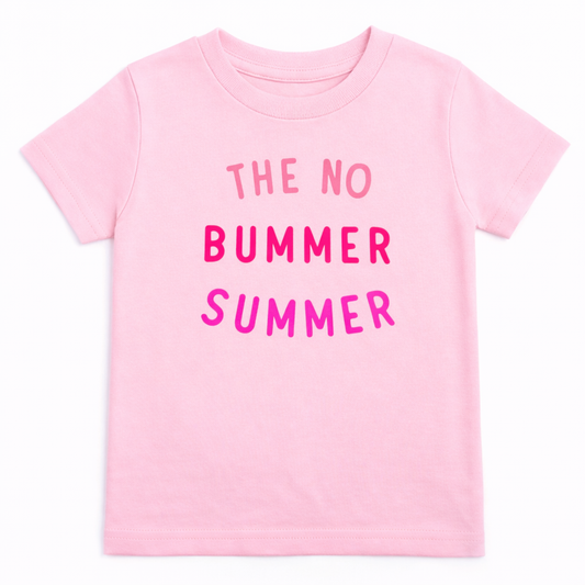 Pink no bummer summer TEE by The Wishing Elephant featuring a casual girl’s tee with a cheerful summer design.