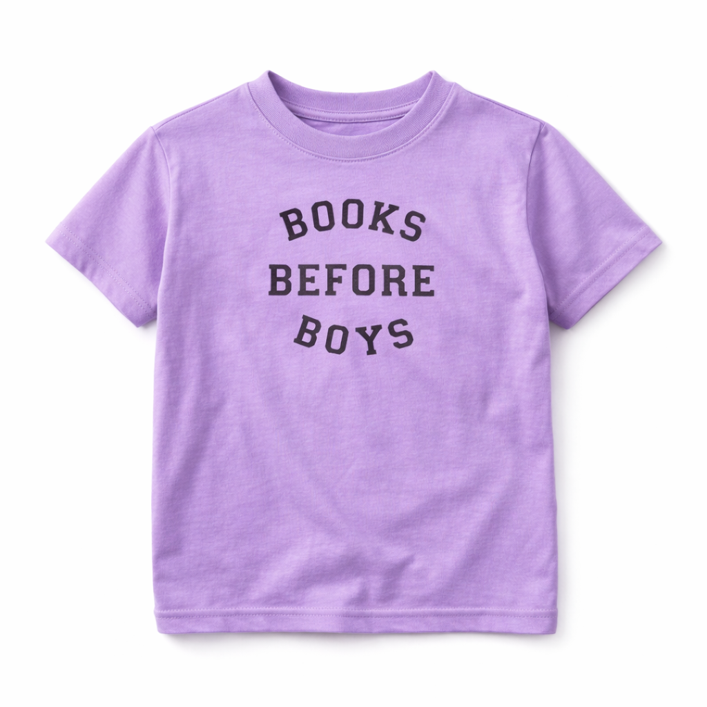 Purple t-shirt with 'Books Before Boys' text on a white background