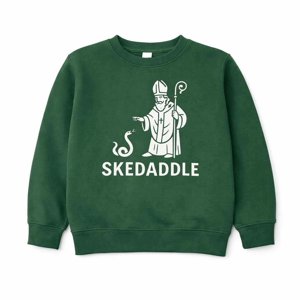 Green sweatshirt with a graphic of a figure and 'SKEDADDLE' text on a white background
