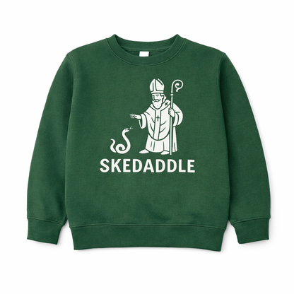 Green sweatshirt with a graphic of a figure and 'SKEDADDLE' text on a white background