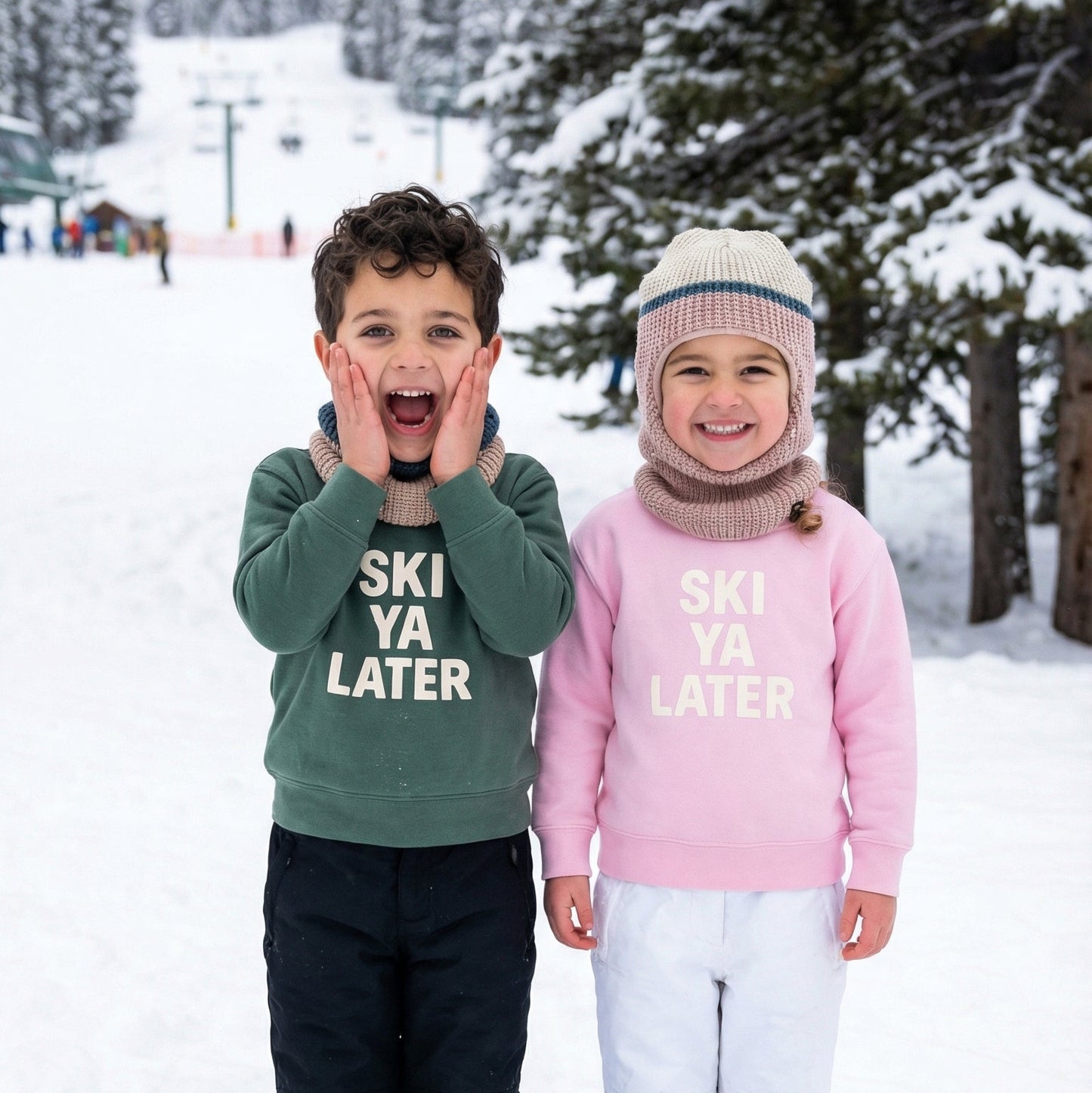 Two children in snow gear with 'Ski Ya Later' shirts in a snowy landscape.