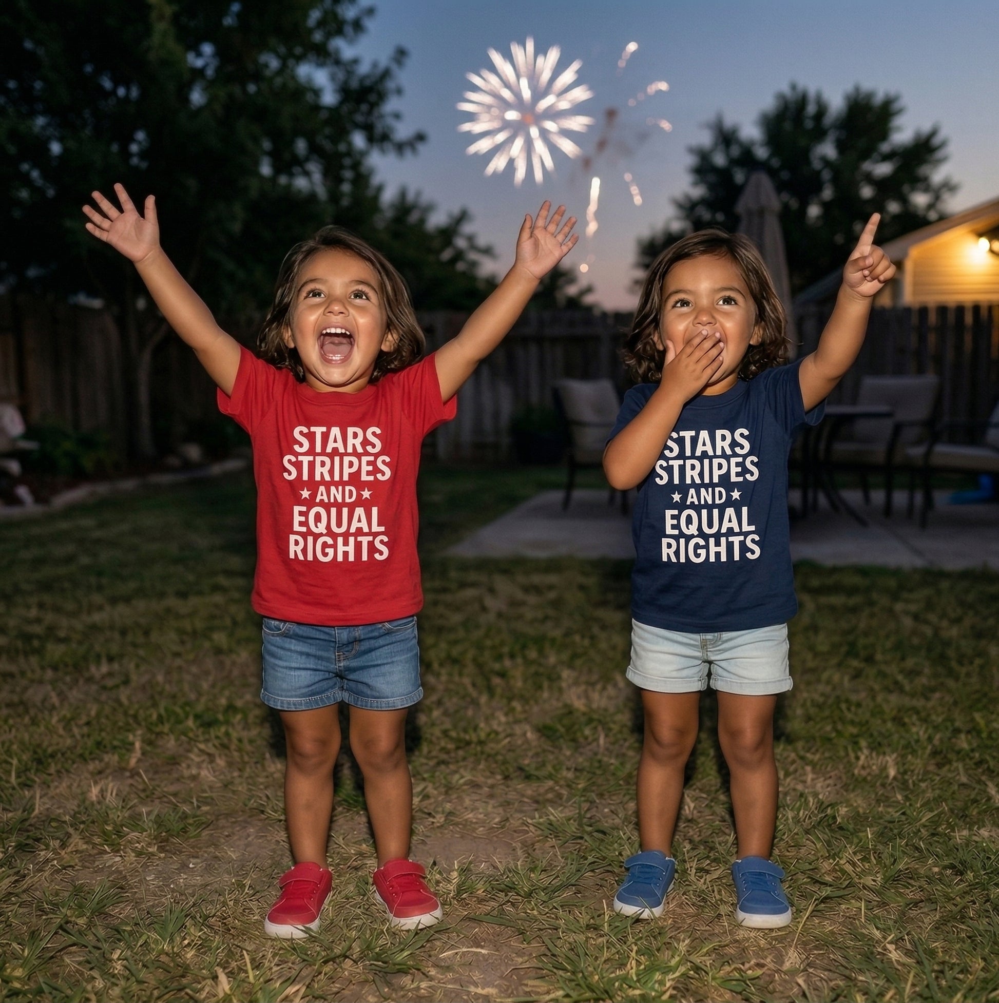 Kids' Stars, Stripes, and Equal Rights T-shirt by The Wishing Elephant featuring patriotic design with stars and stripes.