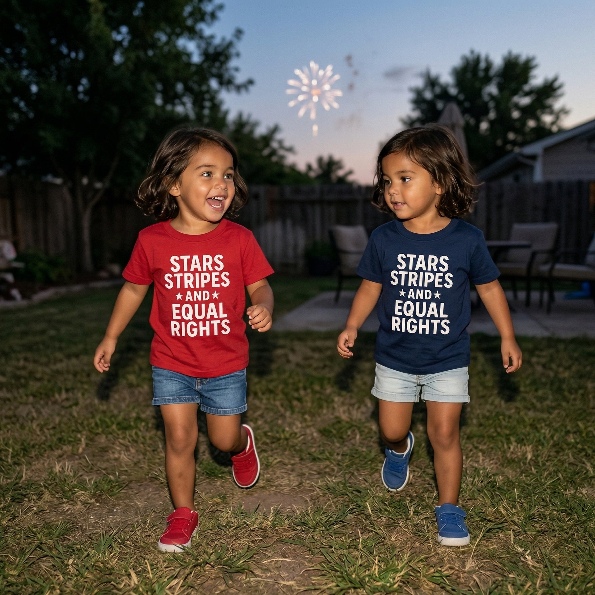 Stars, stripes, and equal rights T-shirt by The Wishing Elephant featuring patriotic stars and stripes design on a casual tee.