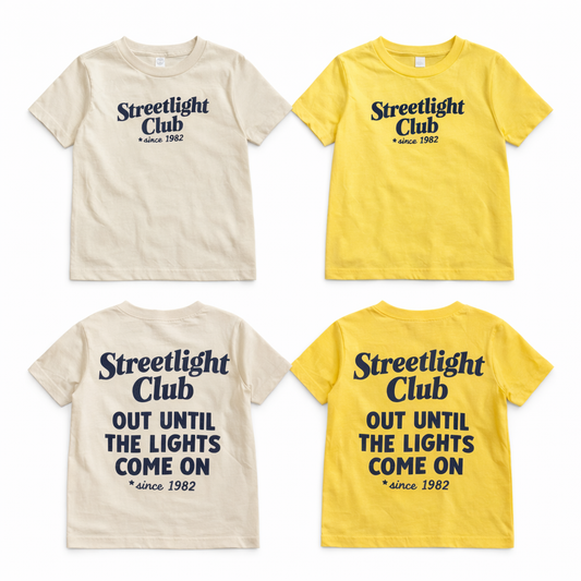 Kids graphic T-shirt by The Wishing Elephant featuring a Streetlight Club 90s summer design on a colorful tee.