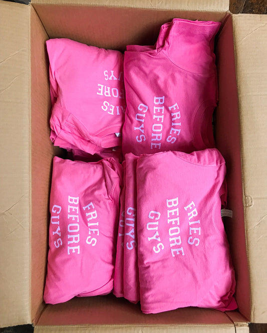 Raspberry Fries Before Guys TEE by The Wishing Elephant, showing a casual graphic tee with playful design on a white background.